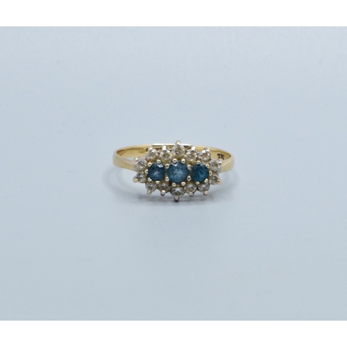 153 - 9ct gold ladies triple halo Aquamarine and gem stone halo ring held in a cage design size Q