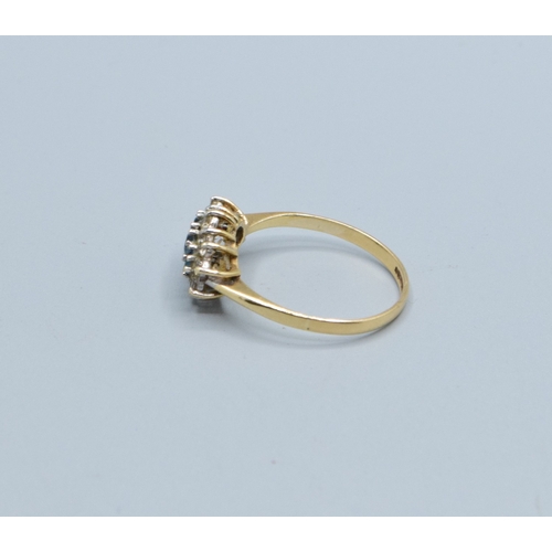 153 - 9ct gold ladies triple halo Aquamarine and gem stone halo ring held in a cage design size Q