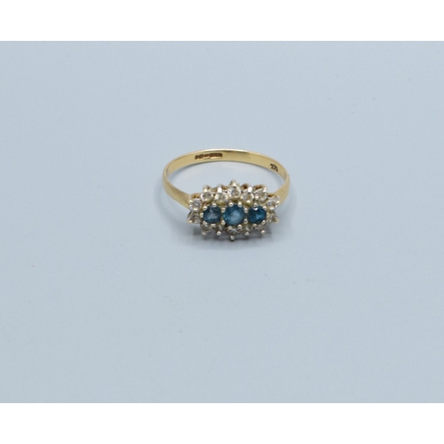 153 - 9ct gold ladies triple halo Aquamarine and gem stone halo ring held in a cage design size Q