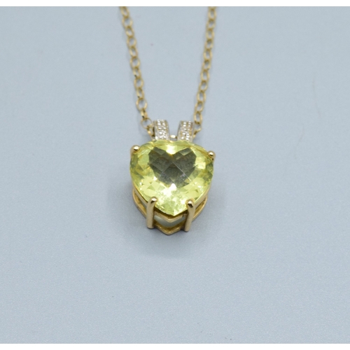 17 - 9ct gold ladies Citrine and Diamond pendant necklace of 2.0cm drop on a 9ct gold chain of 44cm long