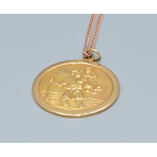 32 - 9ct gold vintage St Christopher pendant necklace on a 9ct rose gold 38cm long chain the pendant is 2... 