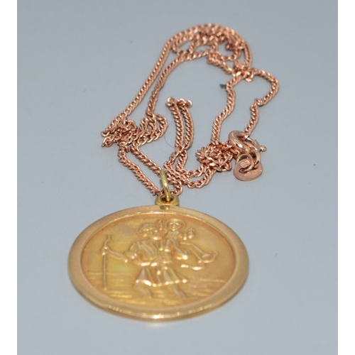 32 - 9ct gold vintage St Christopher pendant necklace on a 9ct rose gold 38cm long chain the pendant is 2... 