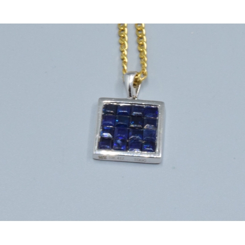 242 - 9ct white gold Sapphire square shape pendant necklace 12x12mm held on a 9ct gold neck chain of 44cm ... 
