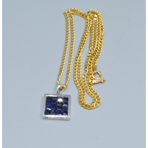 242 - 9ct white gold Sapphire square shape pendant necklace 12x12mm held on a 9ct gold neck chain of 44cm ... 