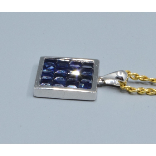242 - 9ct white gold Sapphire square shape pendant necklace 12x12mm held on a 9ct gold neck chain of 44cm ... 