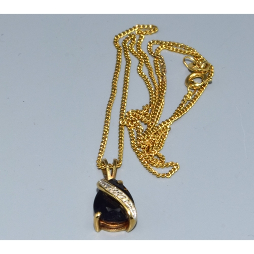 257 - 9ct gold Diamond and Sapphire drop pendant necklace together with a 44cm long 9ct gold chain 3.7gram... 