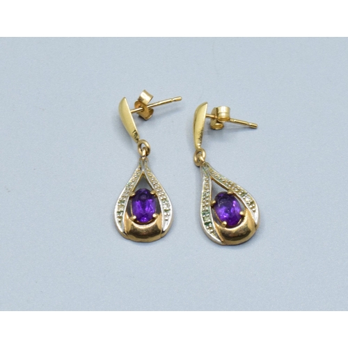 317 - 9ct gold Amethyst and Diamond drop stud earrings