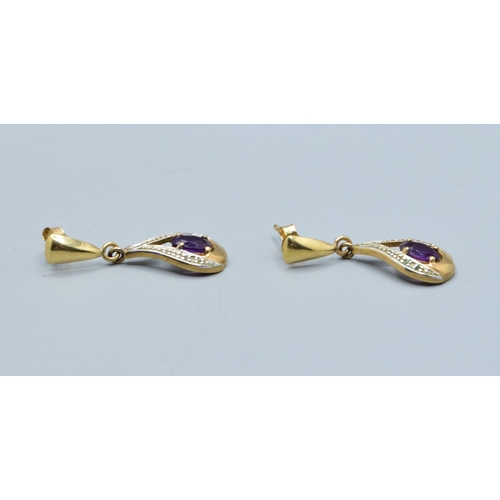 317 - 9ct gold Amethyst and Diamond drop stud earrings