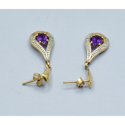 317 - 9ct gold Amethyst and Diamond drop stud earrings
