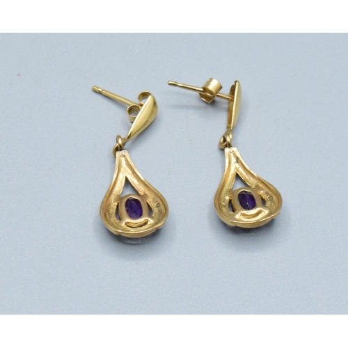 317 - 9ct gold Amethyst and Diamond drop stud earrings