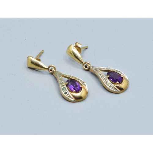 317 - 9ct gold Amethyst and Diamond drop stud earrings