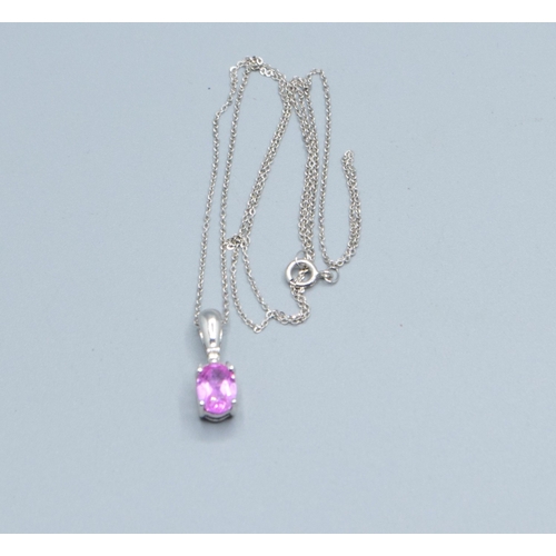 349 - 9ct white gold ladies Pink Sapphire pendant necklace of 1.5cm drop&nbsp; on a 9ct white chain of 46c... 