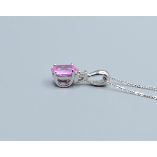 349 - 9ct white gold ladies Pink Sapphire pendant necklace of 1.5cm drop&nbsp; on a 9ct white chain of 46c... 