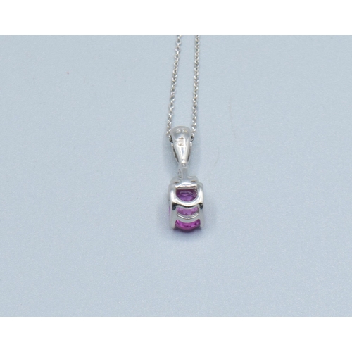 349 - 9ct white gold ladies Pink Sapphire pendant necklace of 1.5cm drop&nbsp; on a 9ct white chain of 46c... 