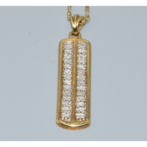 34 - 9ct gold block Diamond pendant necklace on a 44cm long 9ct gold chain 2.4grams