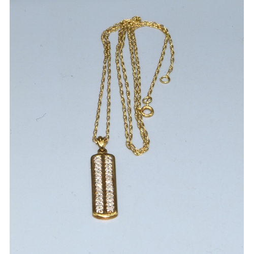 34 - 9ct gold block Diamond pendant necklace on a 44cm long 9ct gold chain 2.4grams