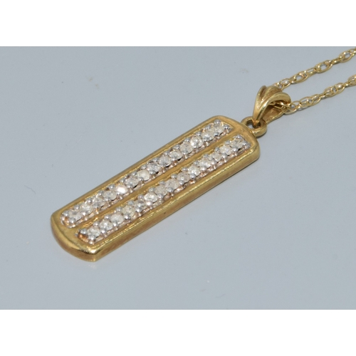 34 - 9ct gold block Diamond pendant necklace on a 44cm long 9ct gold chain 2.4grams