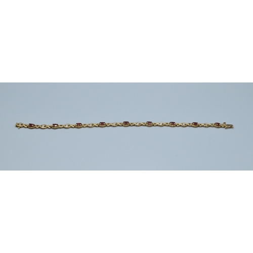 64 - 9ct gold vintage ladies fancy twist link Garnet and Diamond bracelet 18cm long 5mm wide 5.4grams