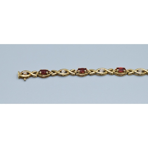 64 - 9ct gold vintage ladies fancy twist link Garnet and Diamond bracelet 18cm long 5mm wide 5.4grams