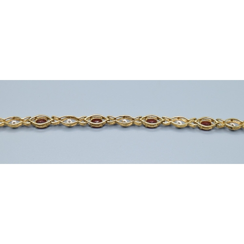 64 - 9ct gold vintage ladies fancy twist link Garnet and Diamond bracelet 18cm long 5mm wide 5.4grams