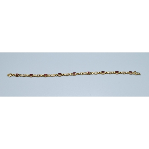 64 - 9ct gold vintage ladies fancy twist link Garnet and Diamond bracelet 18cm long 5mm wide 5.4grams
