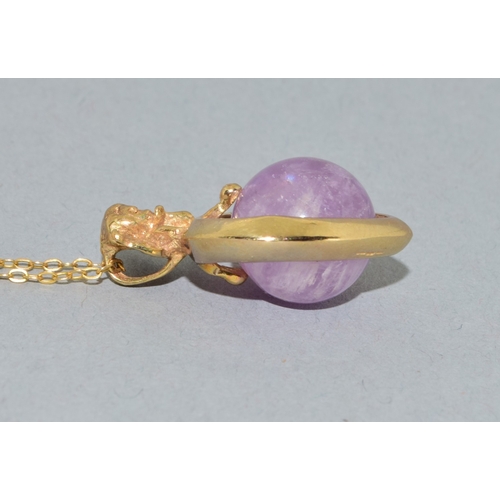 109 - 9ct gold pendant necklace.  Cherub top on a Heart centrally set with an Amethyst sphere.  On a 9ct g... 