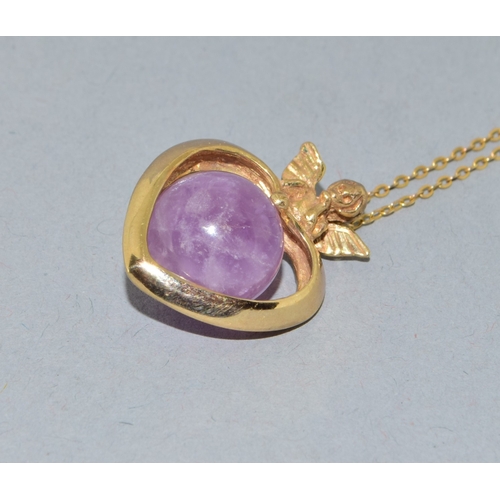 109 - 9ct gold pendant necklace.  Cherub top on a Heart centrally set with an Amethyst sphere.  On a 9ct g... 