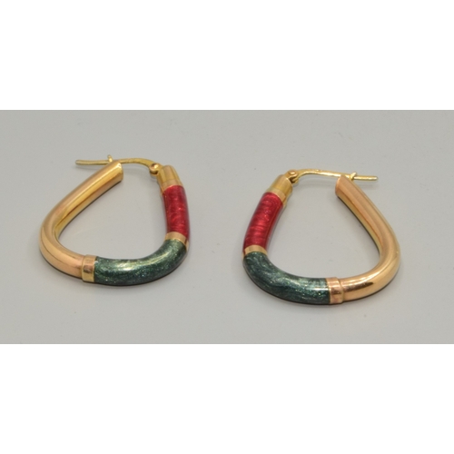 289 - Good size 9ct gold hoop earrings with Red and Green Enamel decoration 33x26mm 5.3grams