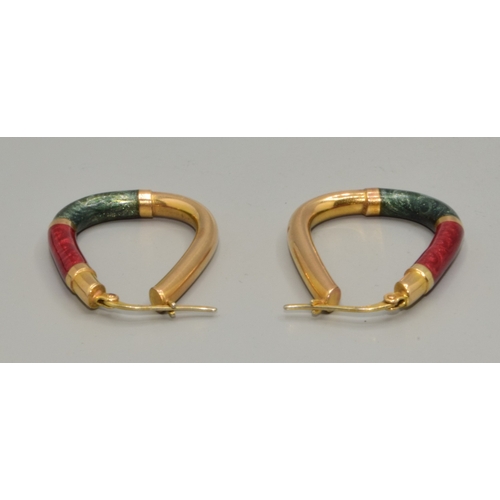289 - Good size 9ct gold hoop earrings with Red and Green Enamel decoration 33x26mm 5.3grams
