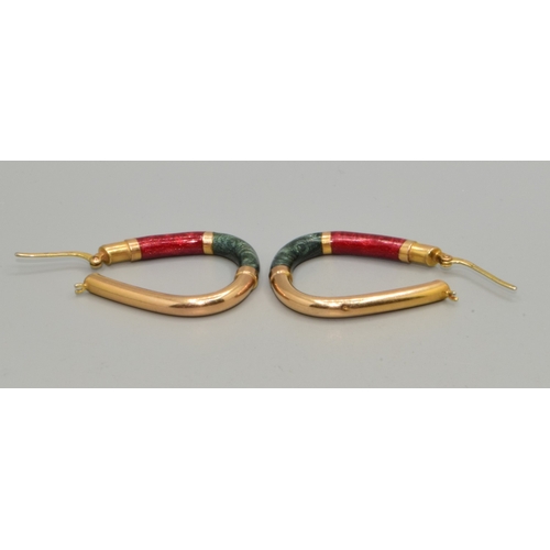 289 - Good size 9ct gold hoop earrings with Red and Green Enamel decoration 33x26mm 5.3grams