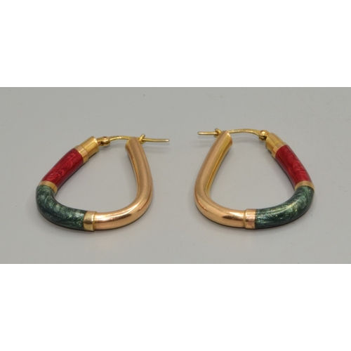 289 - Good size 9ct gold hoop earrings with Red and Green Enamel decoration 33x26mm 5.3grams