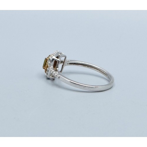 5 - 9ct white gold ladies square shape Citrine with white and yellow Diamond halo design with Diamond sh... 