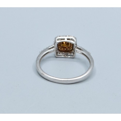 5 - 9ct white gold ladies square shape Citrine with white and yellow Diamond halo design with Diamond sh... 