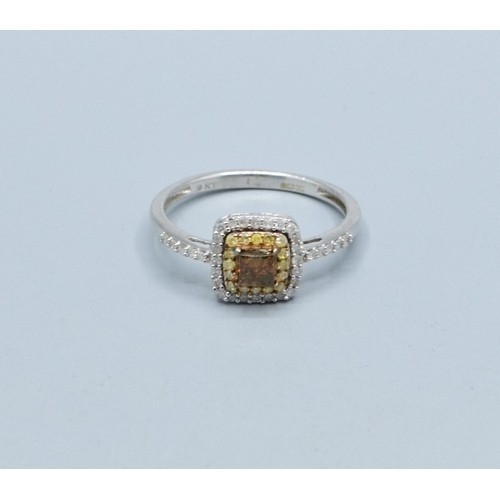 5 - 9ct white gold ladies square shape Citrine with white and yellow Diamond halo design with Diamond sh... 