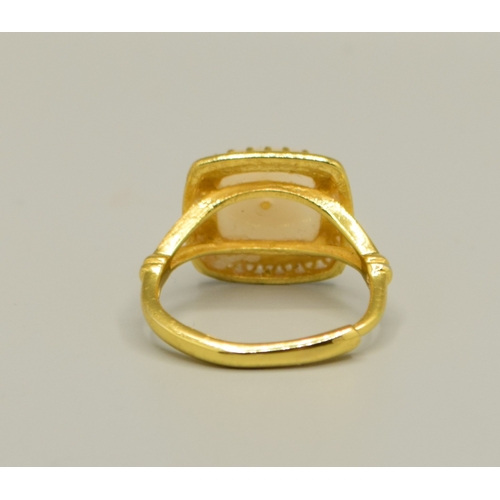 134 - 925 silver and gold ladies square set cream quarts and citrine raised halo ring size M