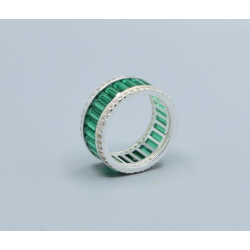 190 - 925 silver ladies emerald green colour gem set full eternity band with clear gem stone decoration si... 