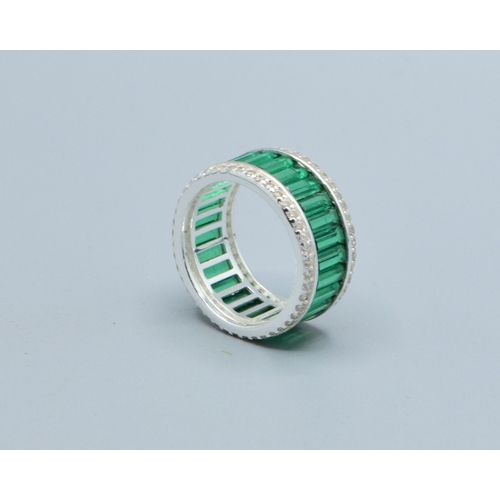 190 - 925 silver ladies emerald green colour gem set full eternity band with clear gem stone decoration si... 