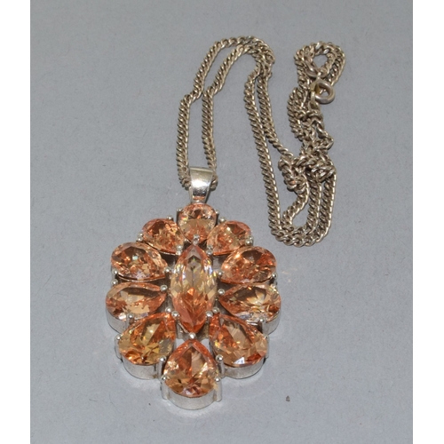 324 - Large heavy 925 silver Citrine coloured pendant necklace on a 925 silver chain 50cm long