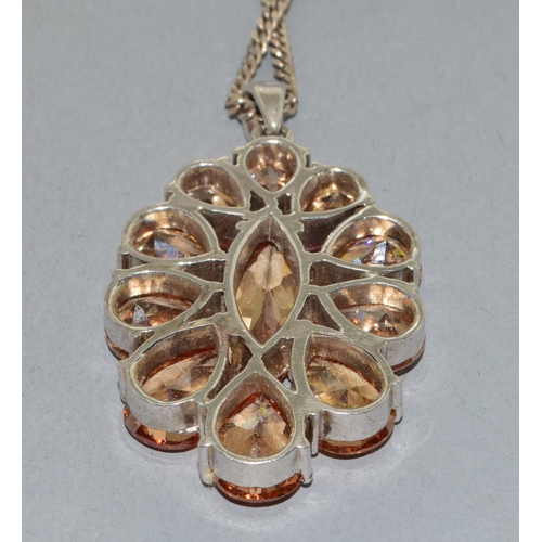 324 - Large heavy 925 silver Citrine coloured pendant necklace on a 925 silver chain 50cm long