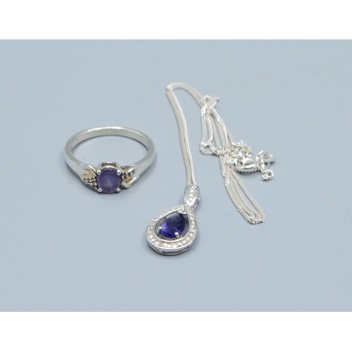 72 - Amethyst and Diamond 925 silver pendant necklace and ring size L