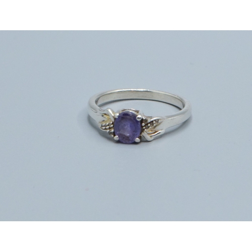 72 - Amethyst and Diamond 925 silver pendant necklace and ring size L