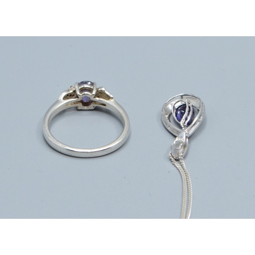 72 - Amethyst and Diamond 925 silver pendant necklace and ring size L