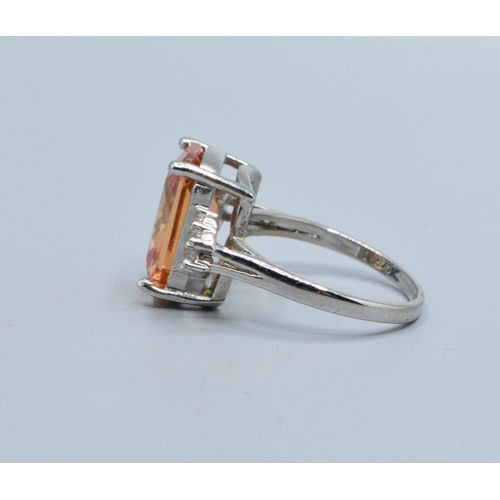 205 - 925 silver ladies Pink Topaz and clear gem stone decoration rectangular face statement ring size P