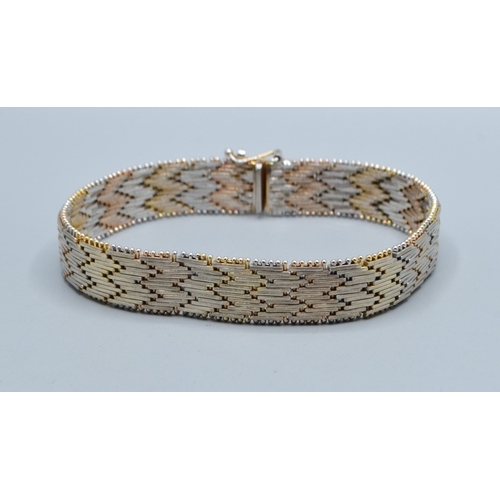 14 - Two colour silver and gilt chevron weave mesh bracelet 19cm long 1.0cm wide&nbsp;