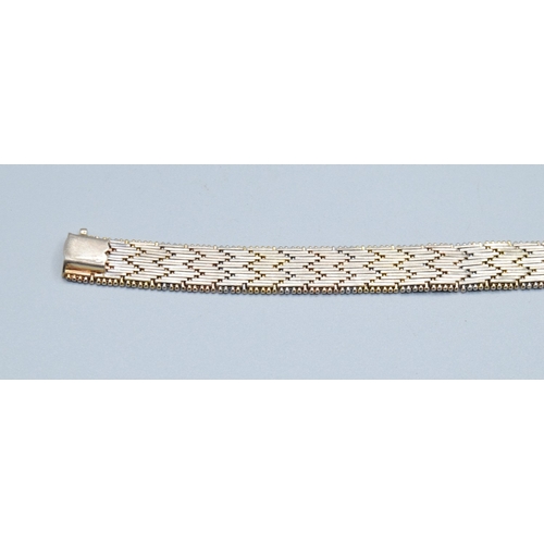 14 - Two colour silver and gilt chevron weave mesh bracelet 19cm long 1.0cm wide&nbsp;
