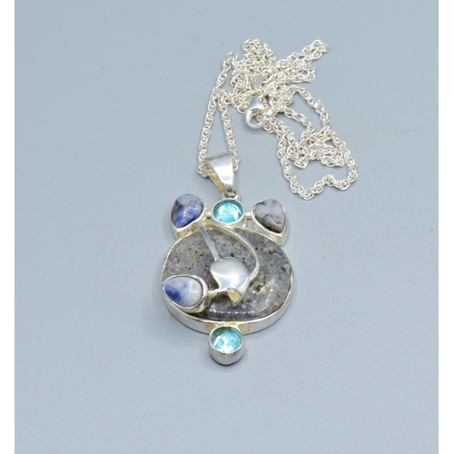 202 - 925 silver mixed Agate and gem stone Art Nouveau inspired pendant necklace on a new 925 silver neck ... 