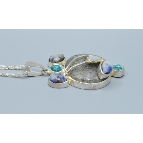 202 - 925 silver mixed Agate and gem stone Art Nouveau inspired pendant necklace on a new 925 silver neck ... 