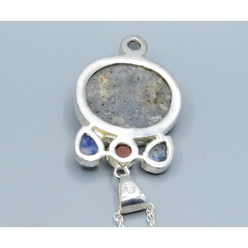 202 - 925 silver mixed Agate and gem stone Art Nouveau inspired pendant necklace on a new 925 silver neck ... 