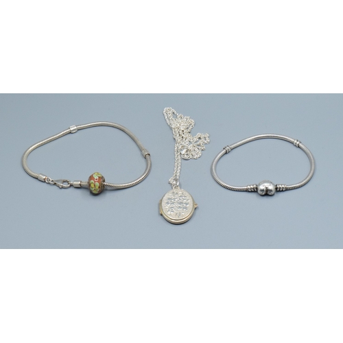 221 - 925 silver locket and 925 new silver neck chain togetehr with a Pandora ALE bracelet and another sil... 