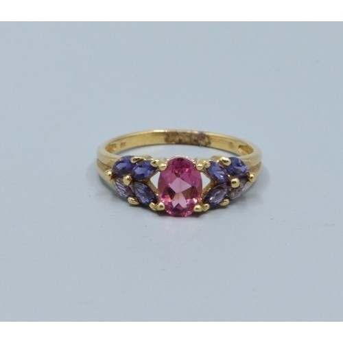 278 - 9ct gold ladies dress ring set with central Amethyst size N